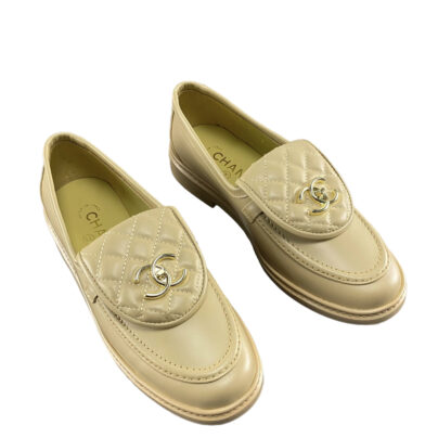 Chanel Moccasins Beige Quilted Flap Turnlock Lambskin Loafers