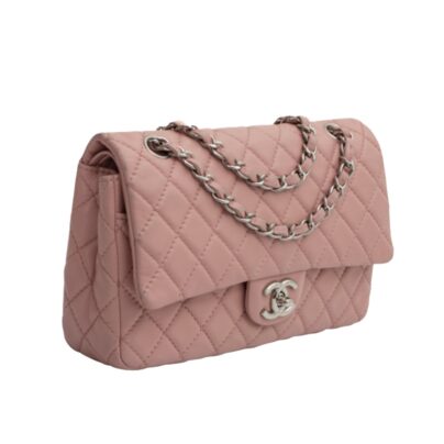 Chanel Used Double Flap Bag Pink Silvertone Hardware Medium