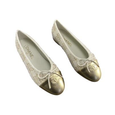 Chanel ballerina flat shoes beige gold leather and tweed size 38