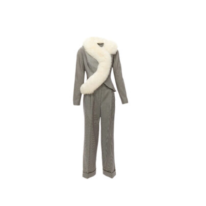 Christian Dior 1999 white fur trim grey houndstooth jacket and pant suit