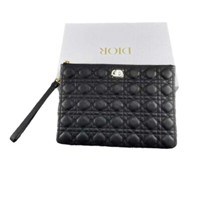 Christian Dior Caro Large Black Daily Pouch Macrocannage Leather Wallet