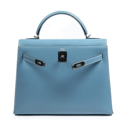 Hermes Kelly Sellier 32 Handbag Celestial Blue Box Calf Leather SHW Front View