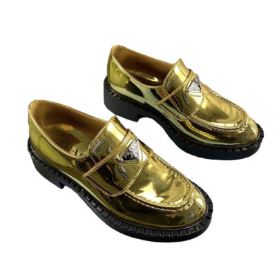 Prada Metallic Gold Logo plaque Slip on Leather Loafers Size 39