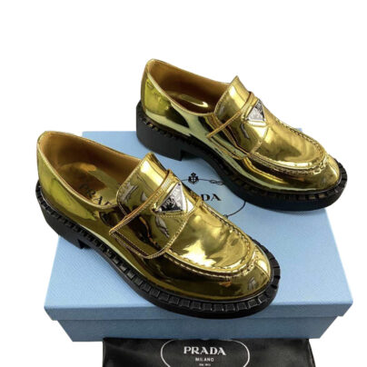 Prada Slip on Metallic Gold Logo plaque Leather Loafers Size 37