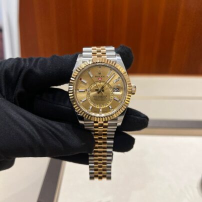 Rolex Sky Dweller 42mm Watch 326933 New Champagne Dial Two Tone Gold Stainless Steel