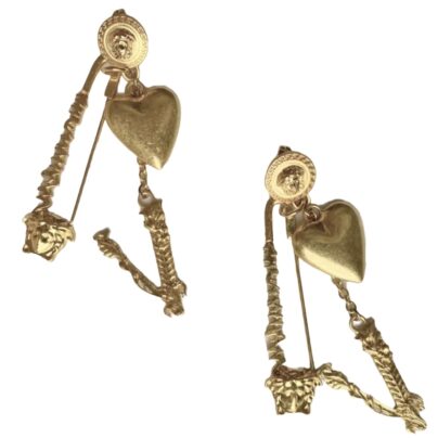 Versace Gold V Safety Pin Earrings Medusa and Heart Charm