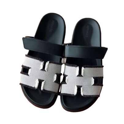 Hermes Chypre Fringe Ecru:Black Sandals