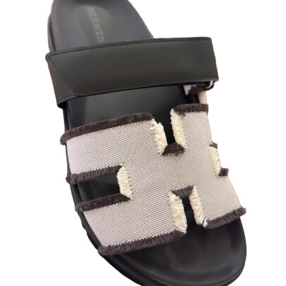 Hermes Chypre Fringe Ecru:Black leather Sandals