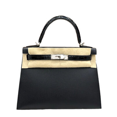Hermes Kelly 28 Black Touch Crocodile Palladium Hardware