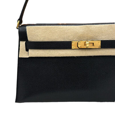 Hermes Kelly Elan Black Chevre Leather Bag Goldtone Hardware