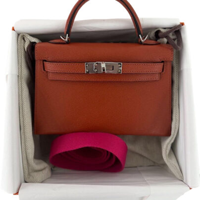 New Hermes Mini Kelly Sellier 20cm Orange Chevre Leather Palladium Hardware