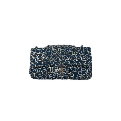 Chanel Classic Double Flap Medium Bag Blue cc fabric silvertone hardware