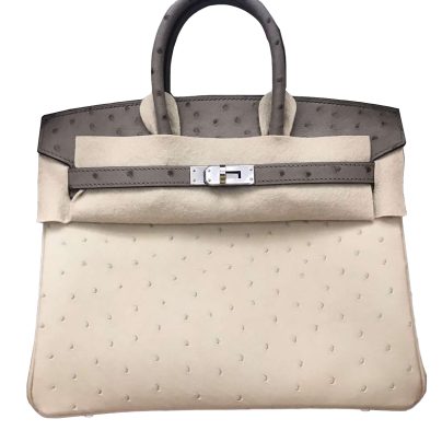 Hermes Birkin 25 Bicolor Gris Agate and White Ostrich Palladium Hardware