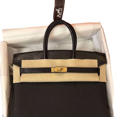 Hermes Birkin 25 Touch Black Lizard and Togo Leather Gold Hardware