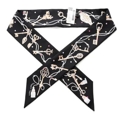 Hermes Black Silk Twilly with Key motifs