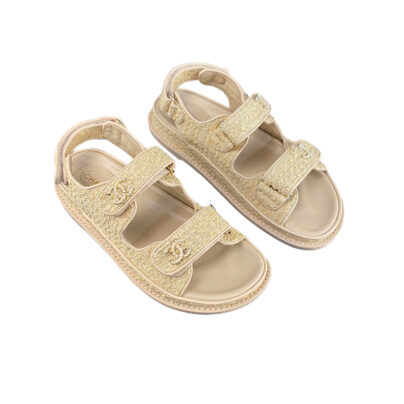 Chanel Beige Raffia Dad Sandals CC pearl embellishments Size 37