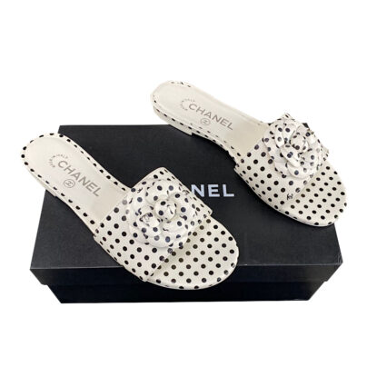 Chanel Open Toe Flat Mule White Lambskin Polka Dot SS24 Size 39