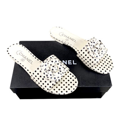 Chanel Open Toe Flat Mule White Lambskin Polka Dot SS24 Size 40