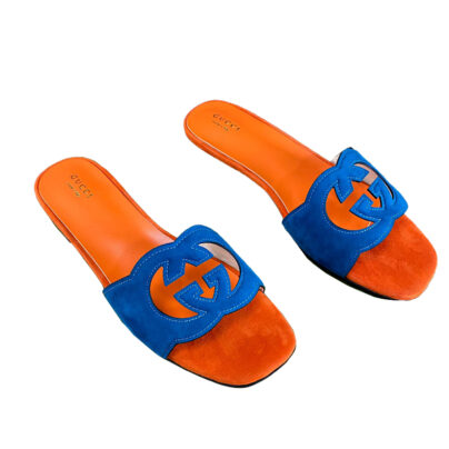 Gucci Interlocking G Cut Out Sandals in Suede Blue Orange