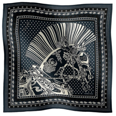 Hermes Carre H Cheval Punk Bandana Marine Blue Black Silk Scarf