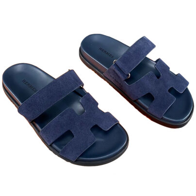 Hermes Chypre Sandals Navy Blue Celeste Suede Leather Size 38