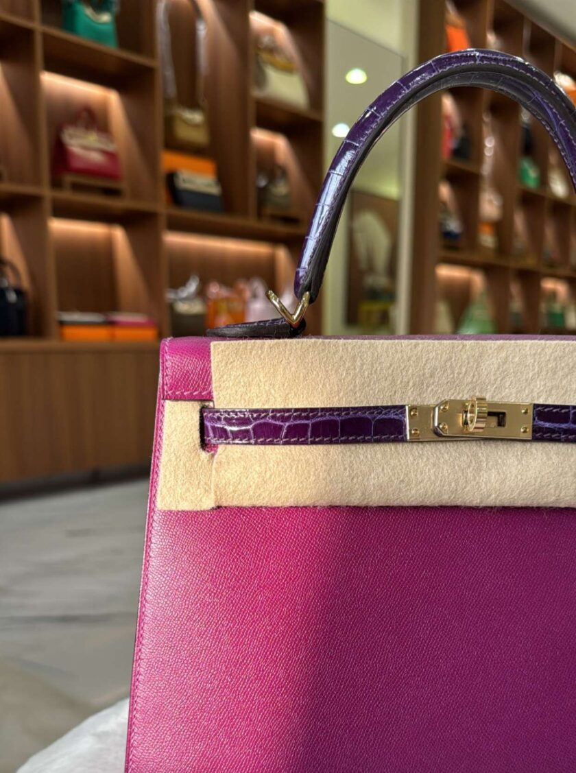 Hermes Kelly 25 Sellier Anemone Epsom Touch Amethyste Crocodile Gold Hardware