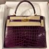 Hermes Kelly Sellier 25 Aubergine Shiny Niloticus Crocodile GHW