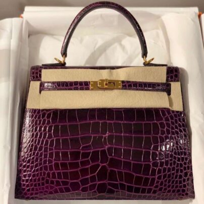 Hermes Kelly Sellier 25 Aubergine Shiny Niloticus Crocodile GHW