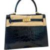 Hermes Kelly Sellier 25 Bleu Marine Crocodile Gold Hardware