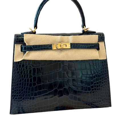 Hermes Kelly Sellier 25 Bleu Marine Crocodile Gold Hardware