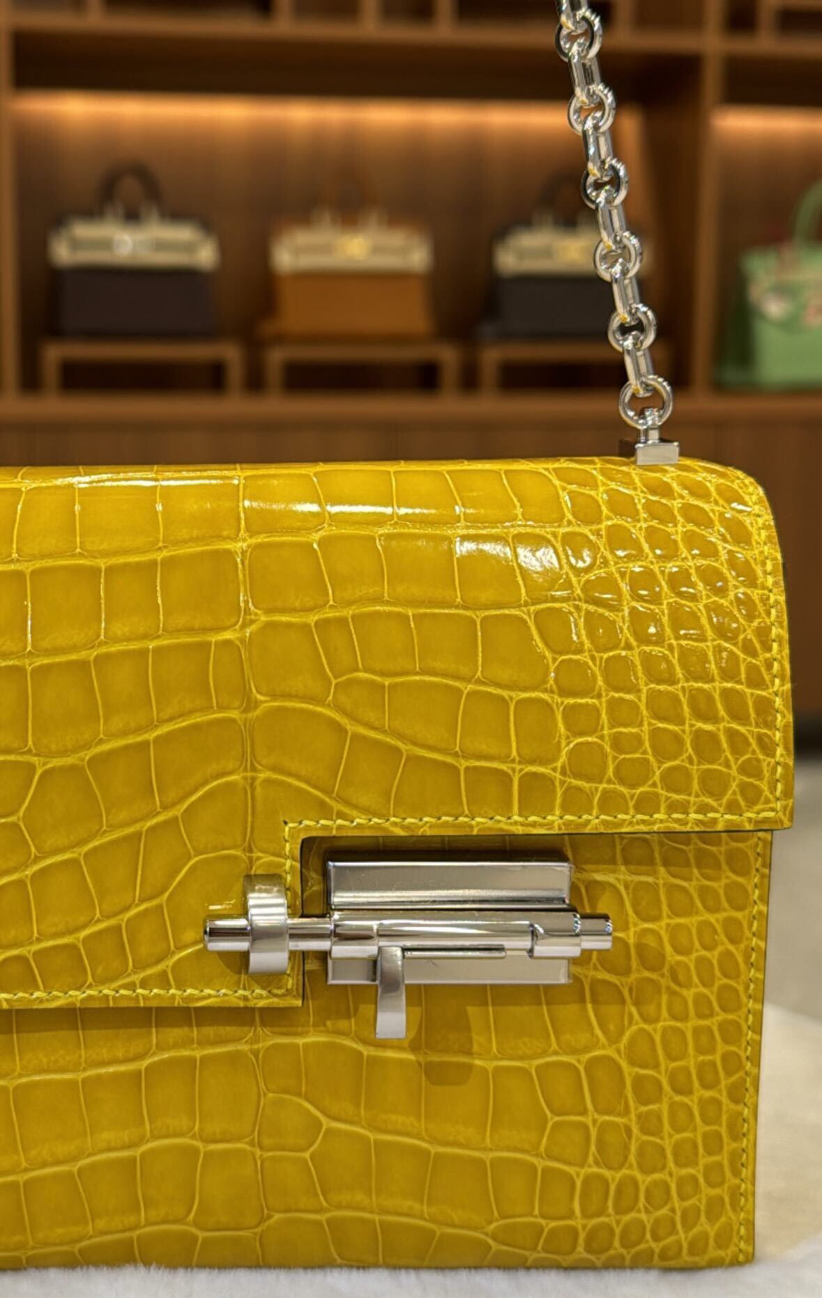 Hermes Mini Verrou Mimosa Shiny Alligator leather Palladium Hardware