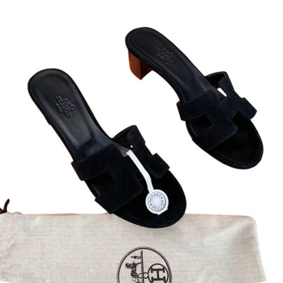 Hermes Oasis Black Suede Heeled Sandals Size 38