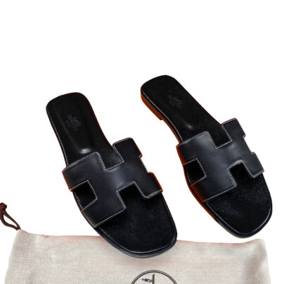 Hermes Oran Black Calfskin Leather Flat Sandals Size 39