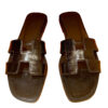 Hermes Oran Black Lizard Leather Flat Sandals