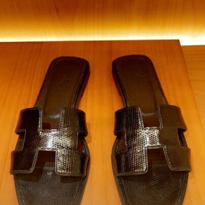 Hermes Oran Sandals Black Lizard Leather