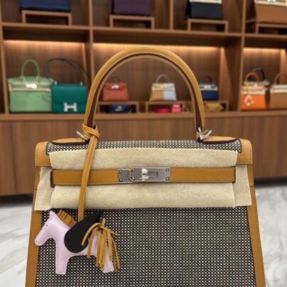 Limited Edition Hermes Kelly 28 Quadrille Toile and Sesame Swift with PHW