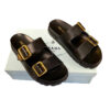 Prada Black Leather Strap Slides with gold hardware