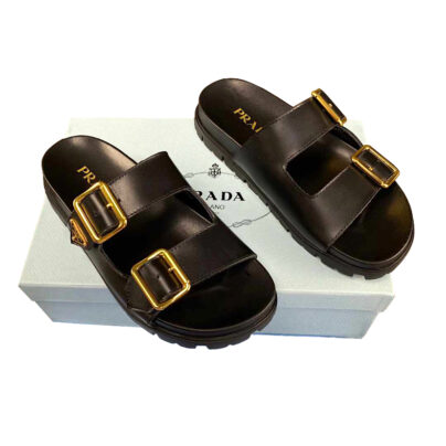 Prada Black Leather Strap Slides with gold hardware