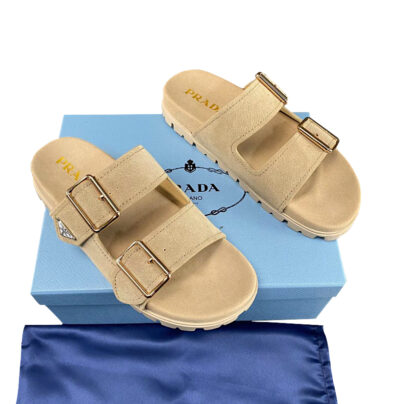 Prada Double Buckle Beige Suede Slide Sandals