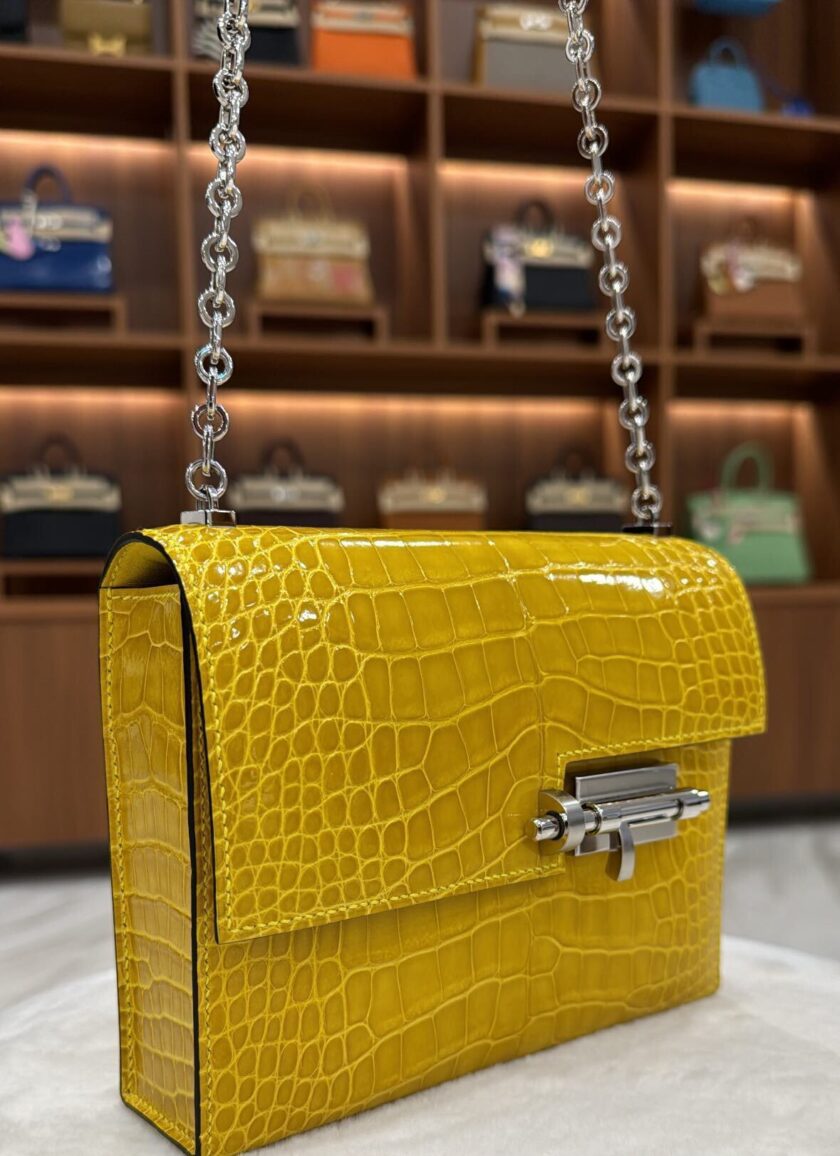 Rare Hermes Mini Verrou Mimosa Shiny Alligator Palladium Hardware