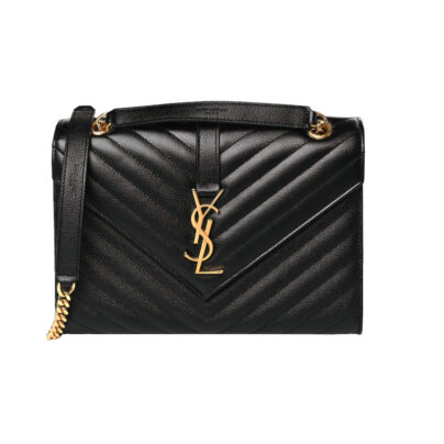 Saint Laurent Medium College Bag Black Grain De Poudre Chevron Goldtone Hardware