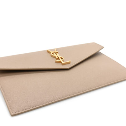 Saint Laurent Uptown Pouch in Beige Grain De Poudre Leather Goldtone Hardware bottom