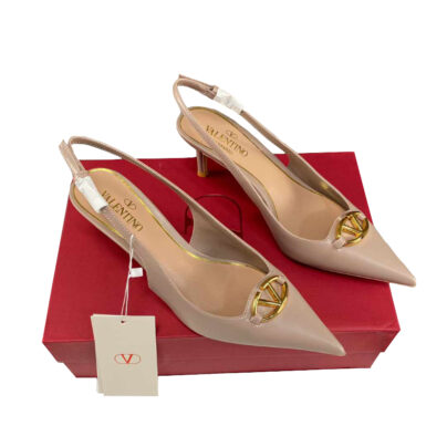 Valentino Garavani Vlogo Bold Edition Slingback Beige Leather Pumps Heels Size 38