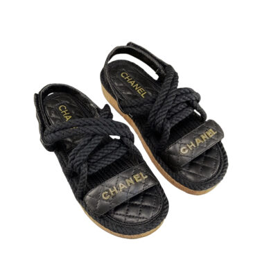 Chanel Black Cord Sandals in Quilted Lambskin Leather Size 38