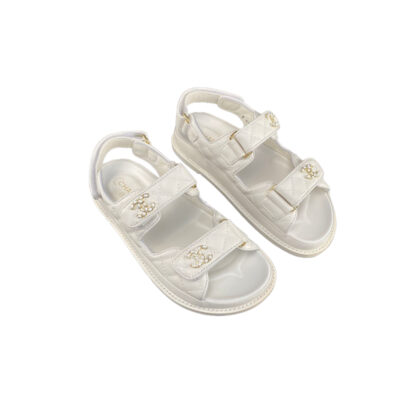 Chanel CC White Dad Sandals Grained Calfskin Size 36.5