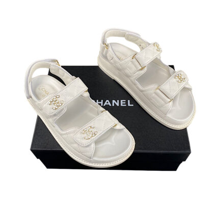 Chanel CC White Dad Sandals Grained Calfskin Size 39