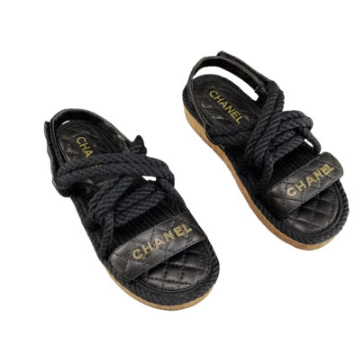 Chanel Cord Sandals Black Lambskin Quilted Size 37