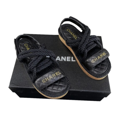 Chanel Cord Sandals in Black Quilted Lambskin Size 39