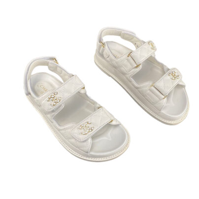Chanel Dad Sandals CC White Grained Calfskin Size 38