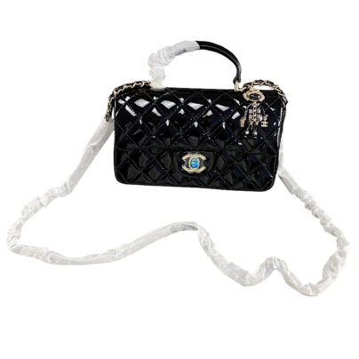 Chanel Mini Top Handle Flap Bag Black Patent Leather Gold Hardware